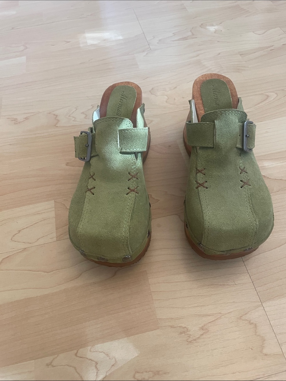 Green Suede Mule Clogs with Buckle